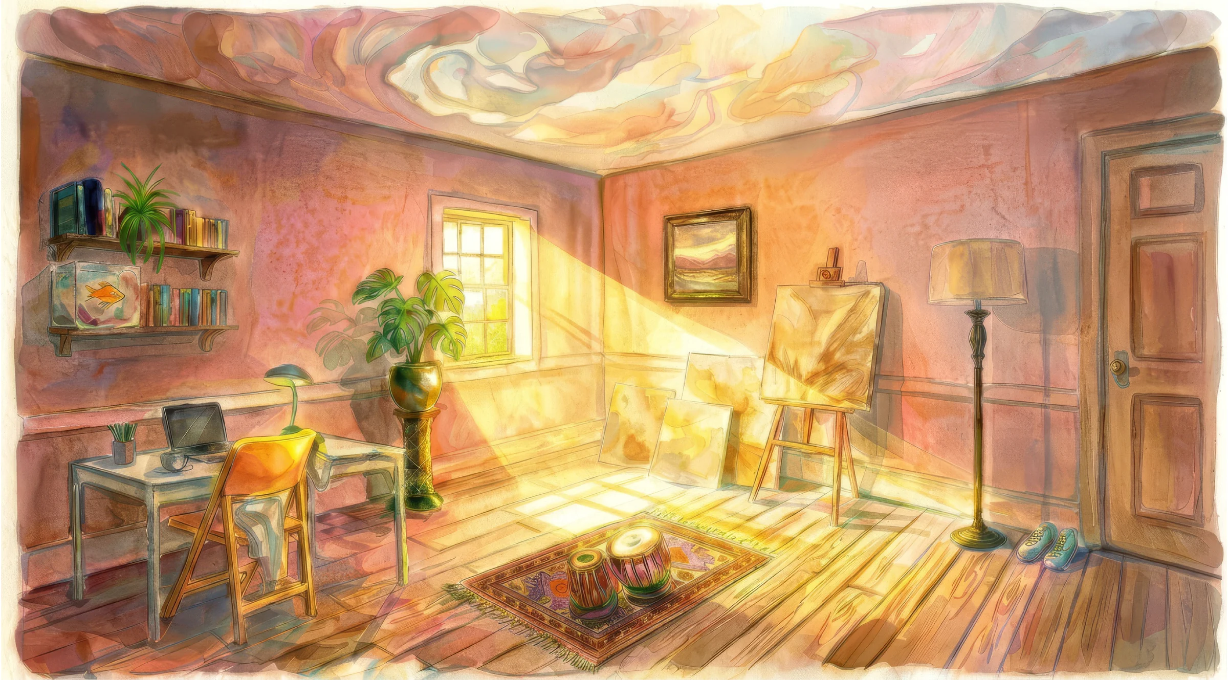 A sunlit studio room: a desk and laptop, a bookshelf with a goldfish bowl, a monstera, an easel with canvases, a floor lamp, tablas on a rug, and a pair of shoes by the door.